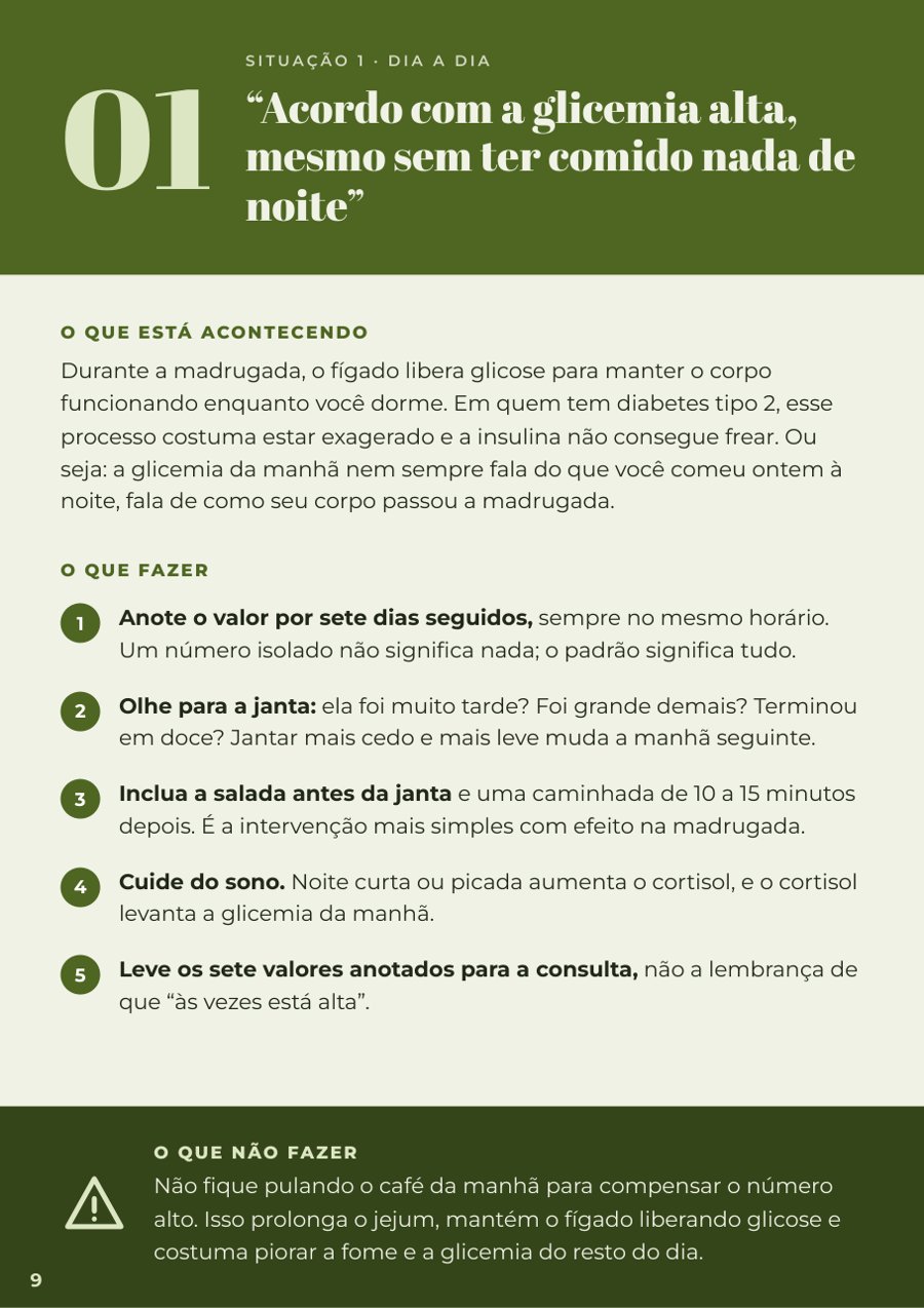Exemplo de página do guia: situação 1, acordo com a glicemia alta